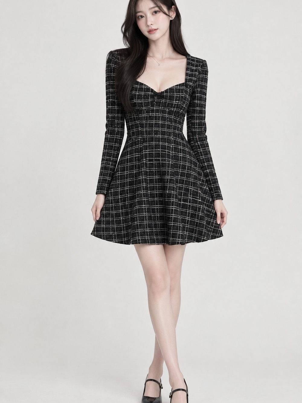 H&M Black Plaid Sweetheart Neck Fit & Flare Mini Dress